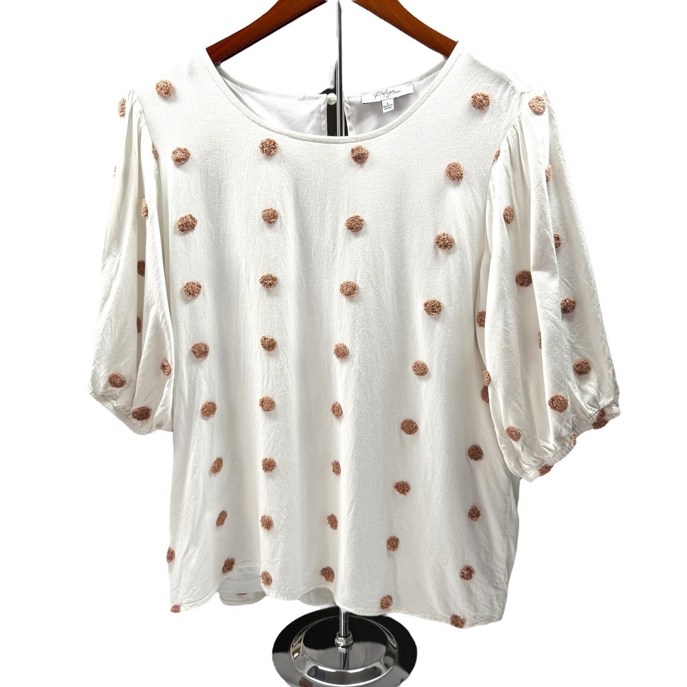 Polagram Womens Large Ivory Brown Textured Polka Dot Puff Sleeve Blouse Lined